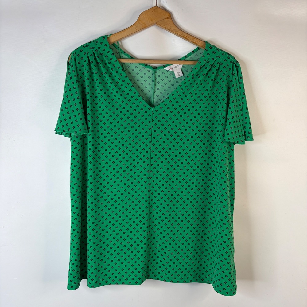 Liz Claiborne V-Neck Blouse Women PXXL Green Geometric Split Flutter Sleeve